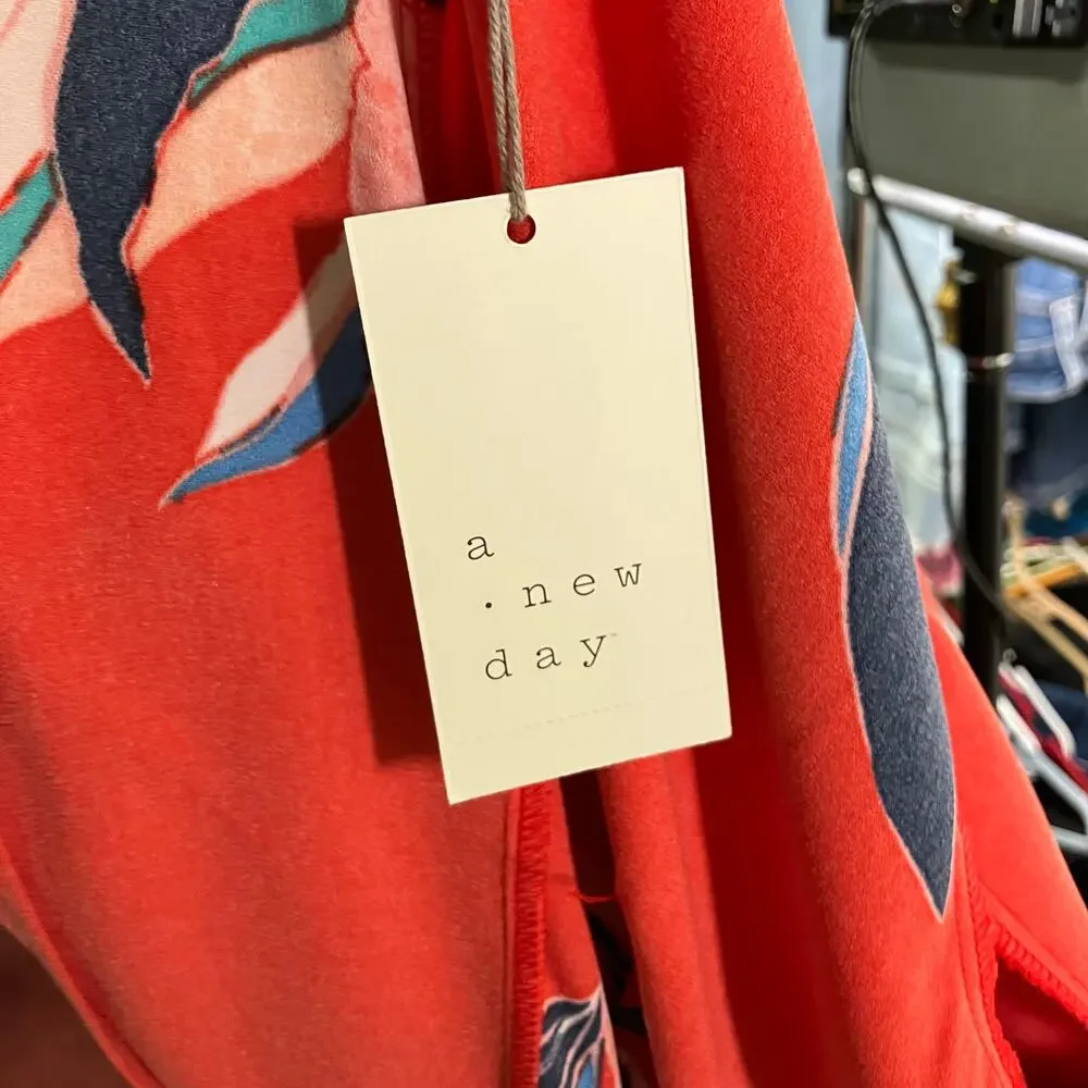 A New Day Red Floral Wrap Midi Dress XS Blue Pink‎ Tie Waist Short Sleeve New